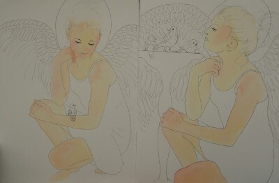 Work in progress of a woman with wings and three birds